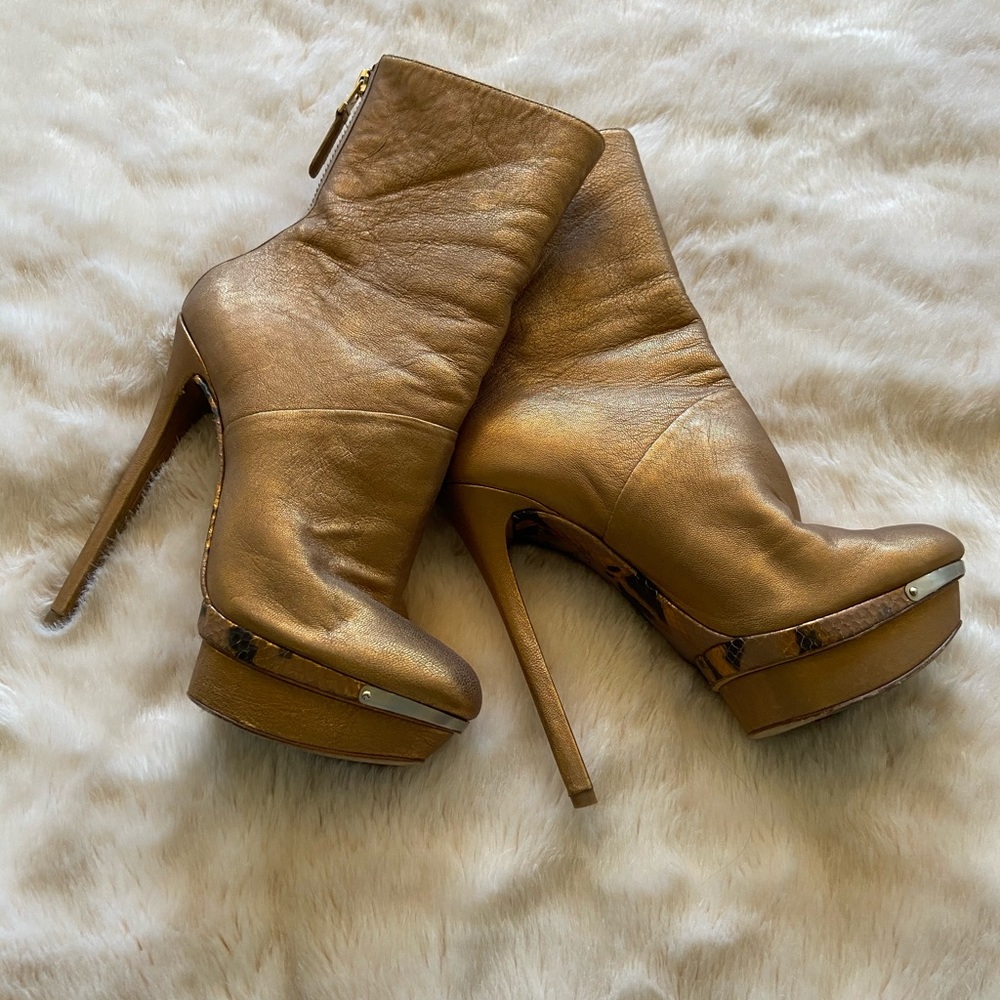 Gold Brian Atwood platform ankle booties